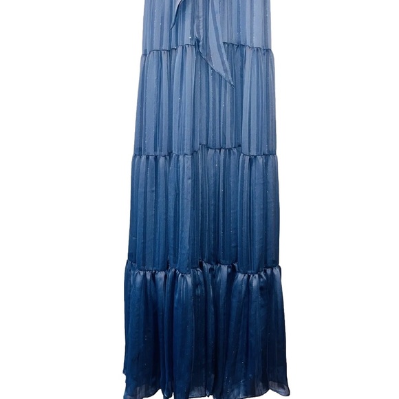 MAC DUGGAL tie neck halter tiered gown maxi dress light blue metallic formal 4 - Picture 10 of 14